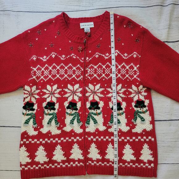 Croft & Barrow Size L Vintage Red Ugly Christmas Full Zip Cardigan Snowmen - Picture 6 of 10